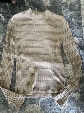 Vince Beige Striped Ribbed Mock Neck Long Sleeve Top